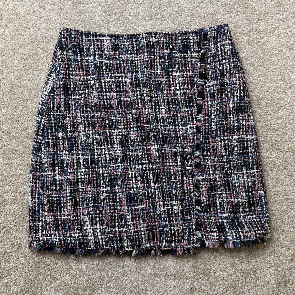 LOFT Skirt Womens 6 Multicolor Plaid Tweed Pencil Mini Fringe Lined Work Office